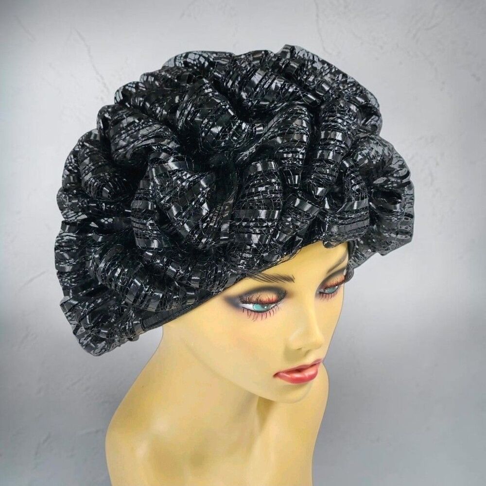 Vintage 1950s Carson Pirie Scott Black Cellophane Straw Bubble Toque Turban Hat